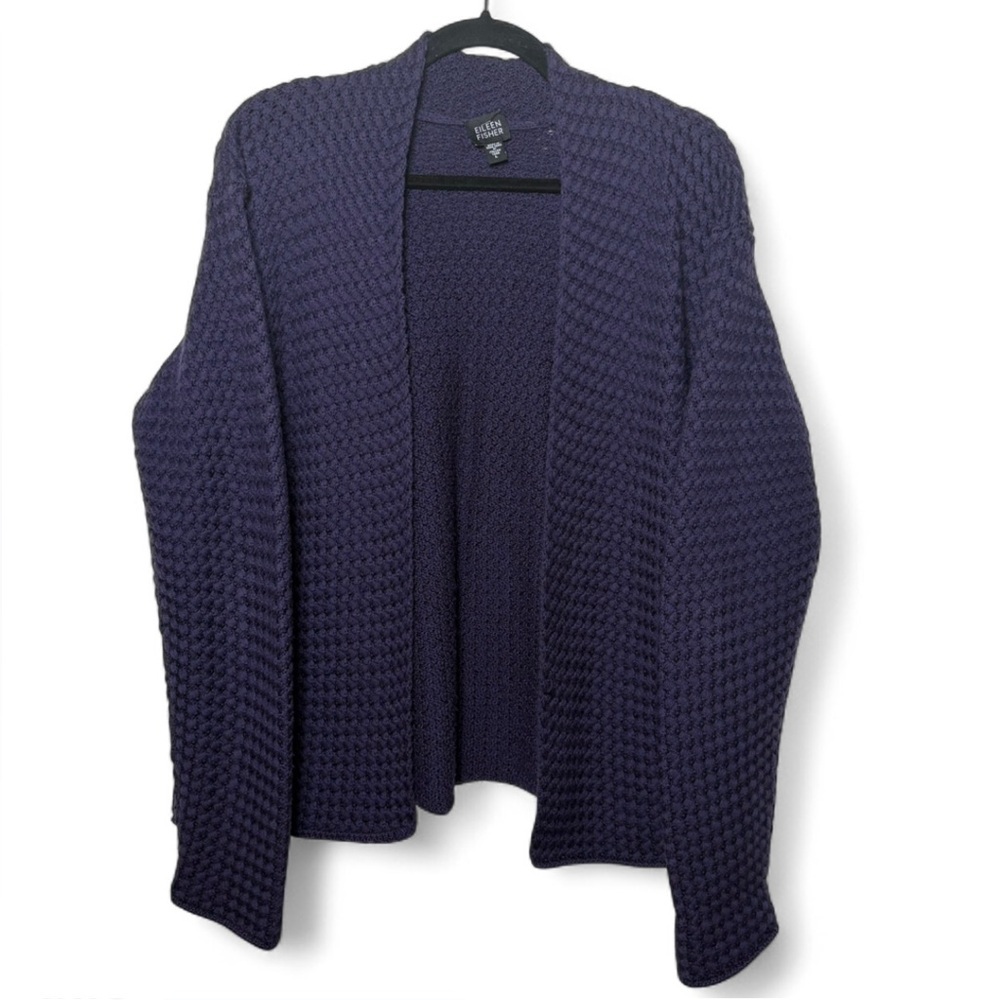 Eileen Fisher Merino Wool Open Front Cardigan L – Purple Cozy Knit Sweater